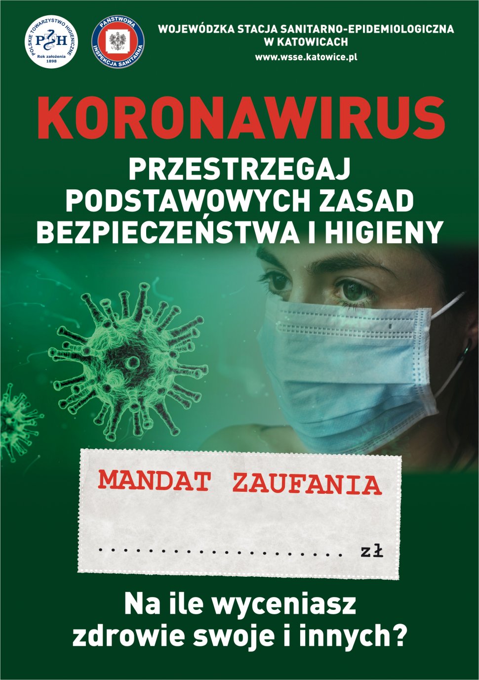 Ulotka edukacyjna akcji wraz z jej nazwą, w kolorystyce zielonej. W centralnej części twarz kobiety w maseczce i grafika przedstawiająca budowę wirusa.