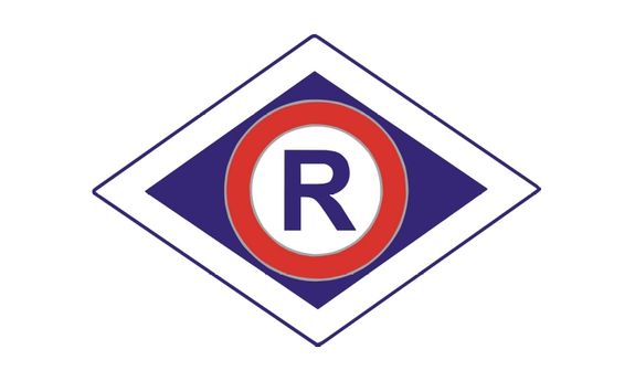 Kolorowa grafika - romb z literą "R", symbol ruchu drogowego
