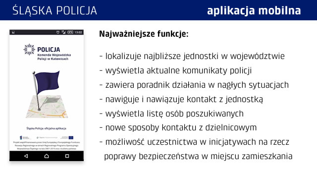 Grafika przedstawiająca stronę tytułową aplikacji Śląska Policja oraz wypisane jej najważniejsze funkcje