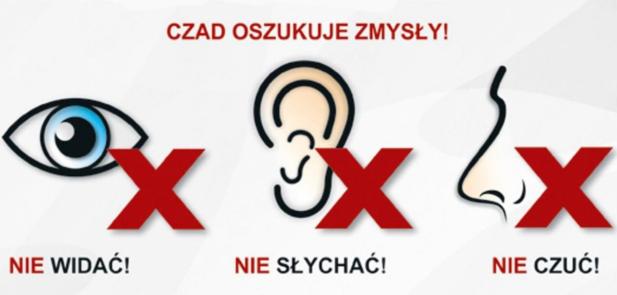 Grafika przedstawiająca narządy zmysłu: oko, ucho i nos zaznaczone czerwonymi przecinającymi się liniami, pod którymi są napisy: NIE WIDAĆ, NIE SLYCHAĆ, NIE CZUĆ. U góry napis w kolorze czerwonym: CZAD OSZUKUJE ZMYSŁY