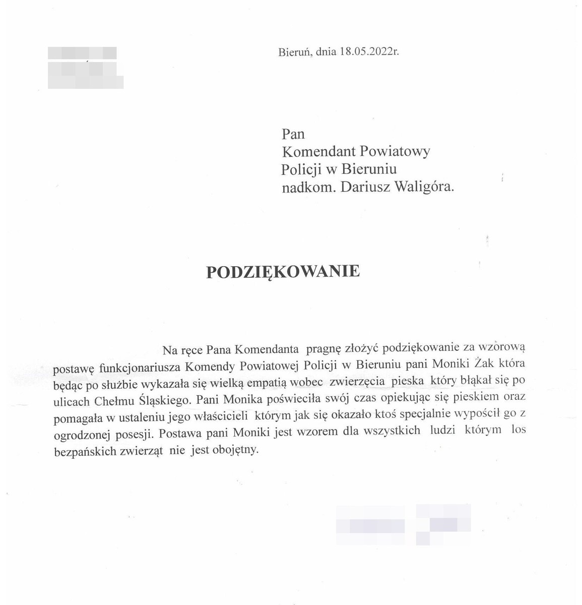 Podziękowanie dla policjantki, treść w załączniku