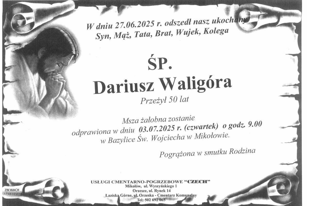 Na zdjęciu widzimy klepsydrę z datą oraz godziną pogrzebu 