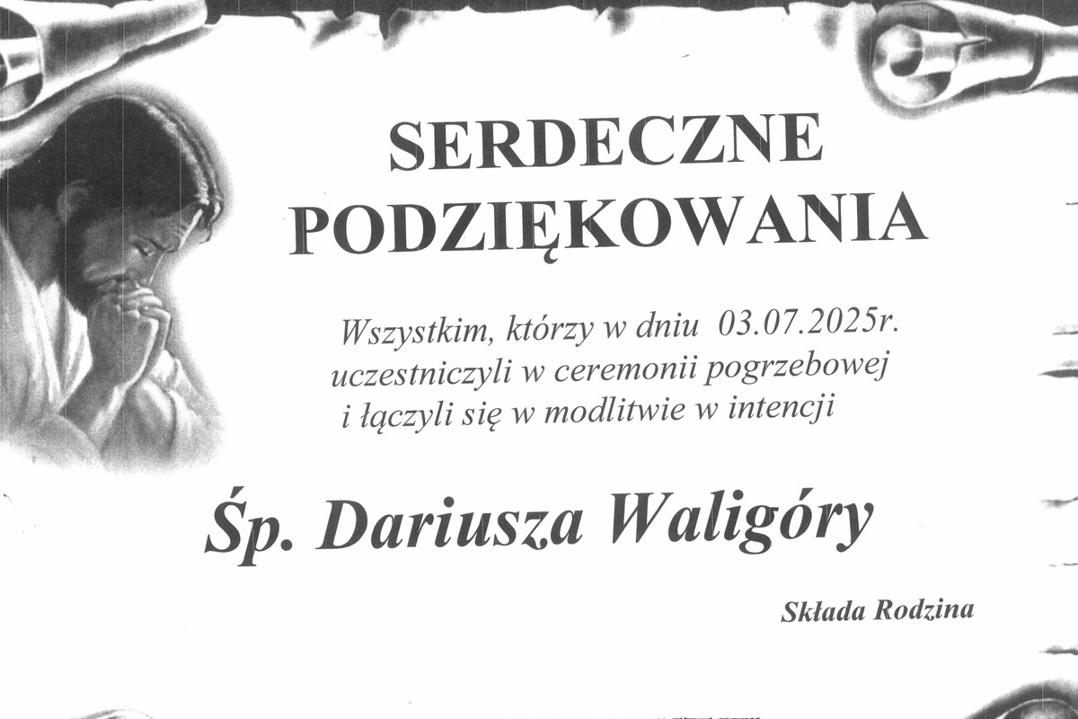Na zdjęciu widzimy podziękowania od rodziny za udział w ceremonii pogrzebowej Komendanta Powiatowego Policji w Bieruniu  