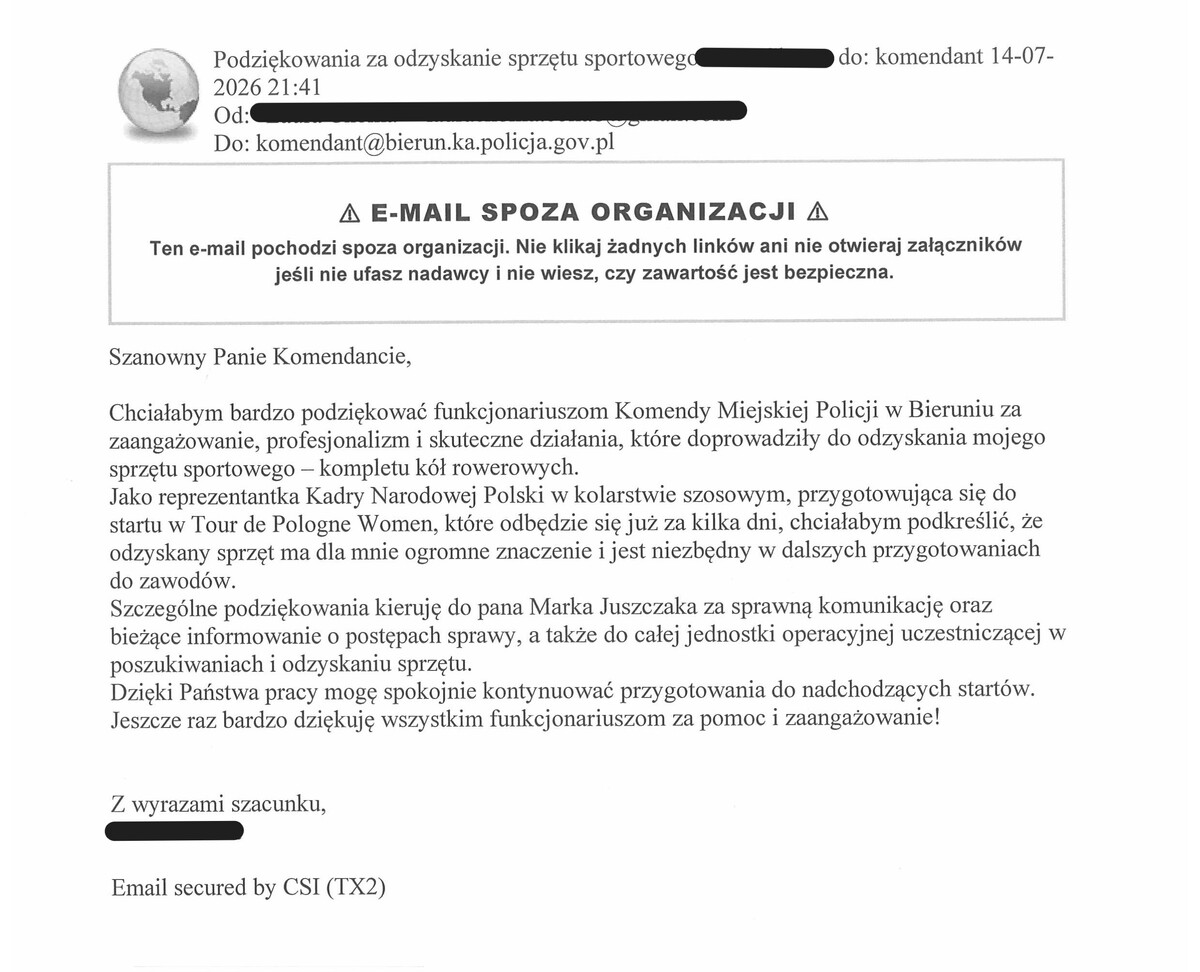 Podziękowania dla bieruńskich policjantów