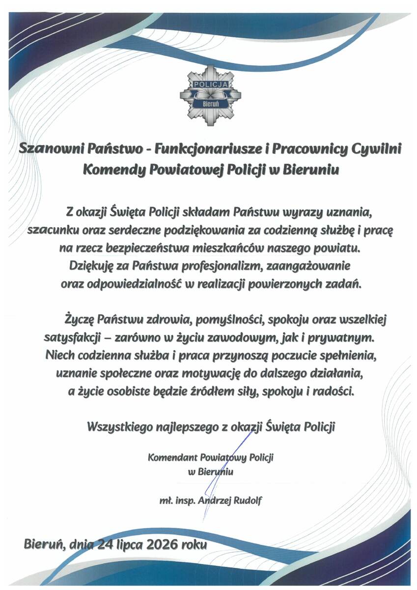 Życzenia Komendanta Powiatowego Policji w Bieruniu