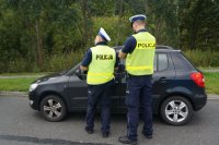 Dwaj policjanci ruchu drogowego w odblaskowych kamizelkach z napisem POLICJA stoją przy zatrzymanym do kontroli drogowej samochodzie w kolorze czarnym. Policjantów widać od tyłu. W tle zielone krzewy.