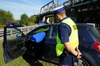 Działania Road Safety Days na DK44 w Bieruniu, policjant (na pierwszym planie) obserwuje jak mężczyzna wyciąga z pojazdu manekina