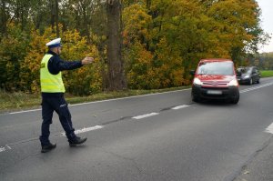 Policjant ruchu drogowego w odblaskowej kamizelce stoi na jezdni wskazując ręką miejsce do zjazdu kierowcy zatrzymanego do kontroli czerwonego samochodu. W tle widać jezdnię i drzewa