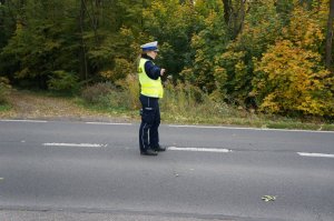 Policjantka ruchu drogowego w odblaskowej kamizelce stoi na jezdni i zatrzymuje do kontroli pojazd. W tle widać drzewa