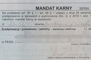 Fragment mandatu karnego, na którym widnieje kwota grzywny w wysokości 2500 złotych