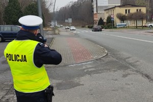 Na pierwszym planie po lewej stronie policjant ruchu drogowego stoi tyłem w odblaskowej kamizelce z napisem na plecach: POLICJA. W tle widać jezdnię, przejście dla pieszych, budynki i drzewa.