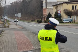 Na pierwszym planie policjant ruchu drogowego stoi tyłem w odblaskowej kamizelce z napisem na plecach: POLICJA. W tle widać jezdnię, przejście dla pieszych, budynki i drzewa.