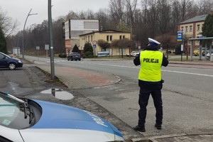 Policjant ruchu drogowego stoi tyłem w odblaskowej kamizelce z napisem na plecach: POLICJA. Obok po lewej stronie widać fragment radiowozu. W tle widać jezdnię, przejście dla pieszych, budynki i drzewa.