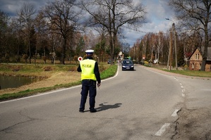 Jezdnia, na której na pierwszym planie stoi policjant z wyciągniętą tarczą STOP, na drugim planie samochód jadący w kierunku policjanta