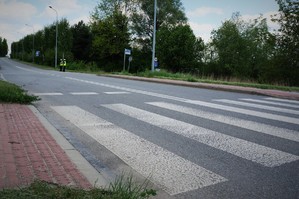 Na pierwszym planie zbliżenie na jezdnię, na której znajdują się pasy przejścia dla pieszych. Na drugim planie, przy poboczu jezdni stoją dwaj policjanci ruchu drogowego