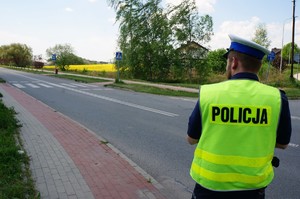 Na pierwszym planie po prawej stronie przodem do jedni stoi policjant ruchu drogowego. Na drugim planie widać jezdnię i chodnik