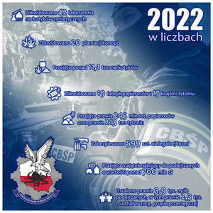 Na zdjęciu jest napisane:
- zlikwidowano 42 laboratoria narkotyków syntetycznych
- zlikwidowano 20 plantacji konopi
- przejęto 11,1 ton narkotyków
- zlikwidowano 19 fabryk papierosów i 17 krajalni tytoniu
- przejęto prawie 245 mln szt. papierosów oraz prawie 213 ton tytoniu
- zabezpieczono 599 szt. nielegalnej broni
- przejęto majątek należący do podejrzanych o wartości ponad 760 mln zł
- ustalono prawie 3,9 tys. osób podejrzanych, w tym prawie 2,3 tys. o udział w zorganizowanej grupie przestępczej