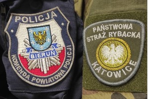 Na zdjęciu widzimy napis Komenda Powiatowa Policji w Bieruniu oraz Państwowa Straż Rybacka Katowice