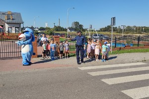 Na zdjęciu widzimy policjanta oraz sznupka wraz z grupą dzieci z przedszkola przechodzącą po przejściu dla pieszych