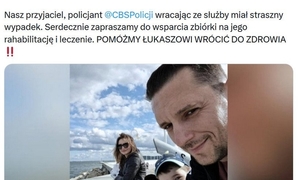 Na zdjęciu widzimy policjanta dla którego jest organizowana pomoc