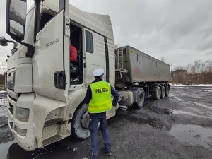 Na zdjęciu widzimy policjanta kontrolującego samochód ciężarowy