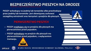 BEZPIECZEŃSTWO PIESZYCH NA DRODZE

PIESZY wchodzący na jezdnię lub torowisko albo przechodzący przez jezdnię lub torowisko jest obowiązany zachować szczególną ostrożność oraz korzystać z przejścia dla pieszych.

PIERWSZEŃSTWO PIESZYCH

PIESZY znajdujący się na przejściu dla pieszych ma pierwszeństwo przed pojazdem.

• PIESZY wchodzący na przejście dla pieszych ma pierwszeństwo przed pojazdem, z wyłączeniem tramwaju.

BIURO RUCHU DROGOWEGO KOMENDY GŁÓWNEJ POLICJI