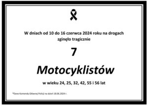 Na zdjęciu widzimy napis (Nie)bezpieczeństwo motocyklistów w dniach od 10 do 16 czerwca 2024 roku na drogach zginęło tragicznie 7 motocyklistów