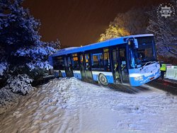 Na zdjęciu widzimy autobus na poboczu drogi stojący w śniegu