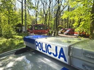 Na zdjęciu widzimy policjanta oraz wóz straży pożarnej