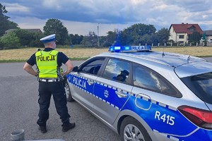 Na zdjęciu widzimy radiowóz oraz policjanta