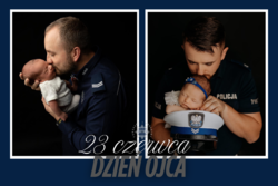 Na zdjęciu widzimy policjantów z dziećmi i napis Dzień Ojca – o tych, którzy chronią, wychowują i dają przykład