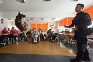 Na zdjęciu widzimy policjanta, psa służbowego oraz podopiecznych