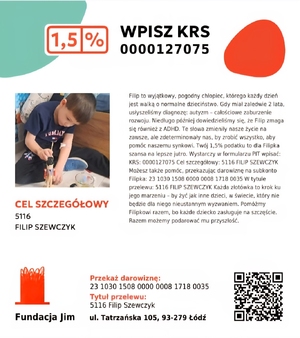 Pomóż 6-letniemu Filipkowi walczyć o lepszą przyszłość! Podaruj 1,5% podatku